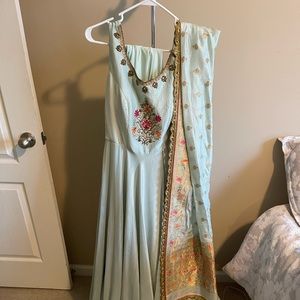 Beautiful mint green long Anarkali for Indian wedding or Diwali events.